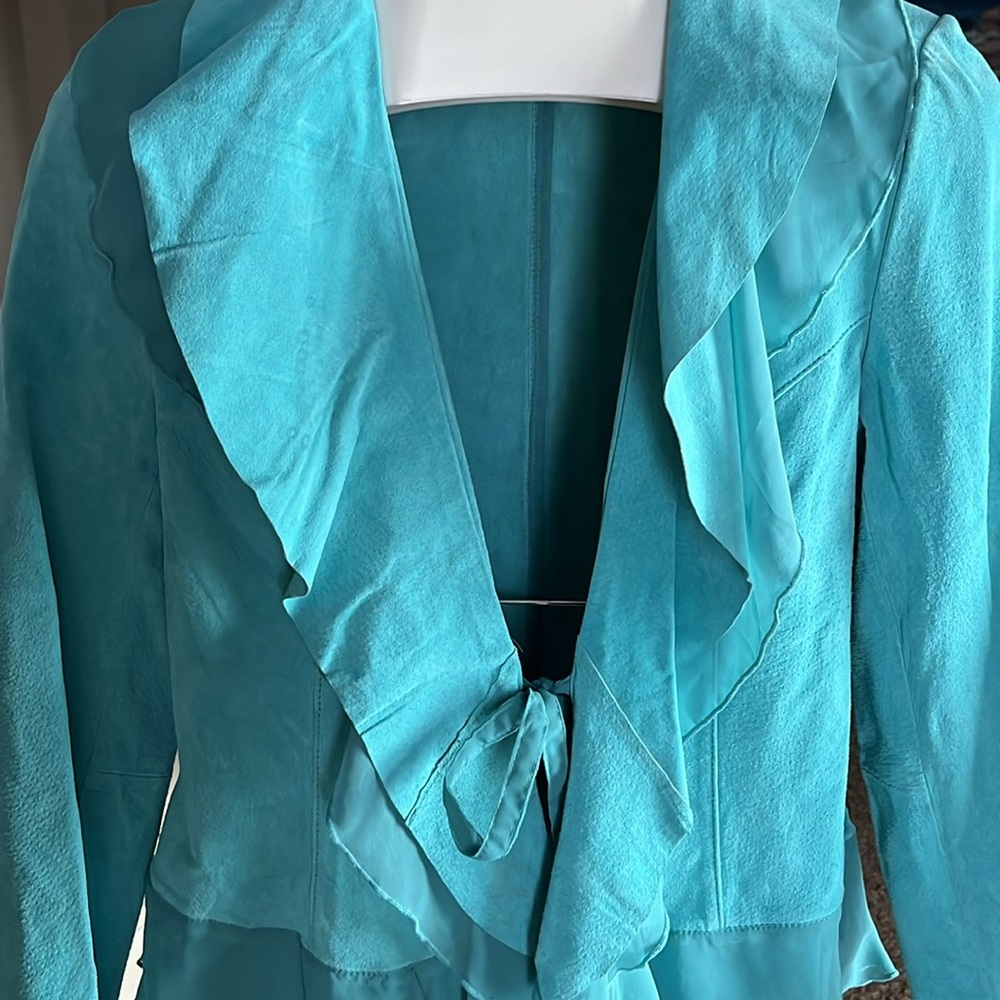 Dialogue Turquoise Ruffle Leather Jacket - Picture 4 of 12